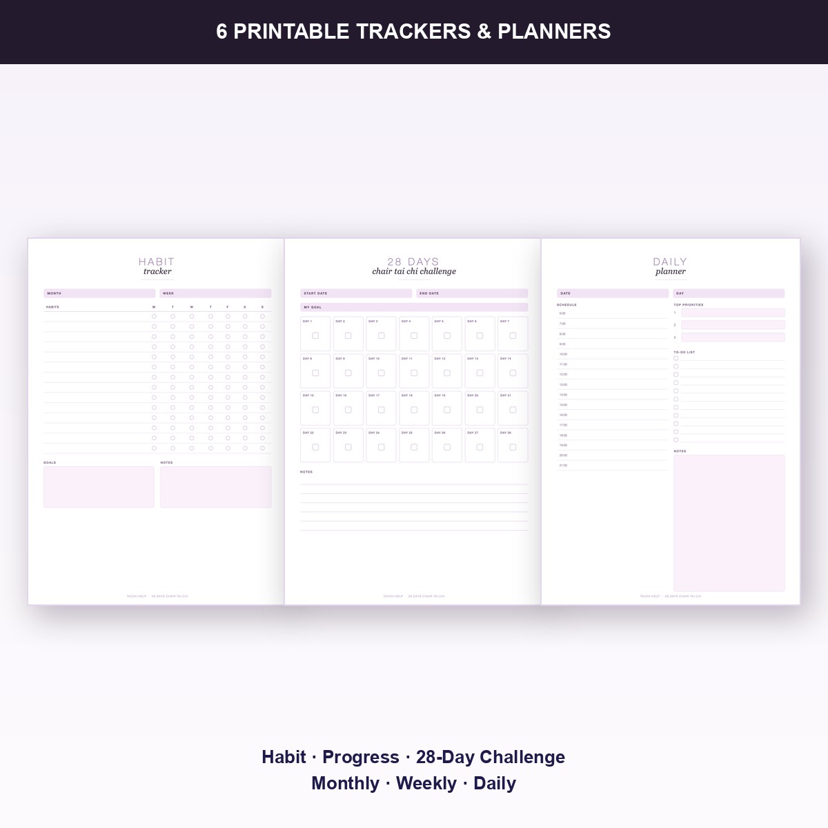 Six printable habit, progress, monthly, weekly and daily planners
