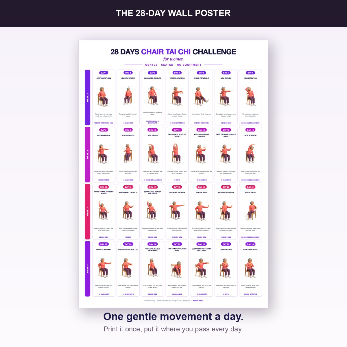 Illustrated 28-day Tai Chi wall poster with weekly rows